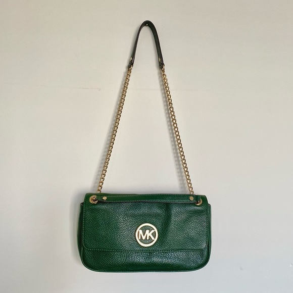 Michael Kors Genuine Leather Hunter Green Shoulder Bag with Gold Accents - Picture 7 of 14